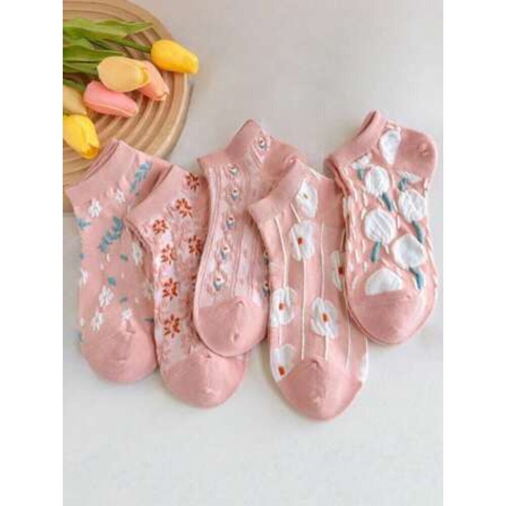 5Pairs Vintage Floral Low-Cut Socks For Women Versatile Floral Print Ankle Socks